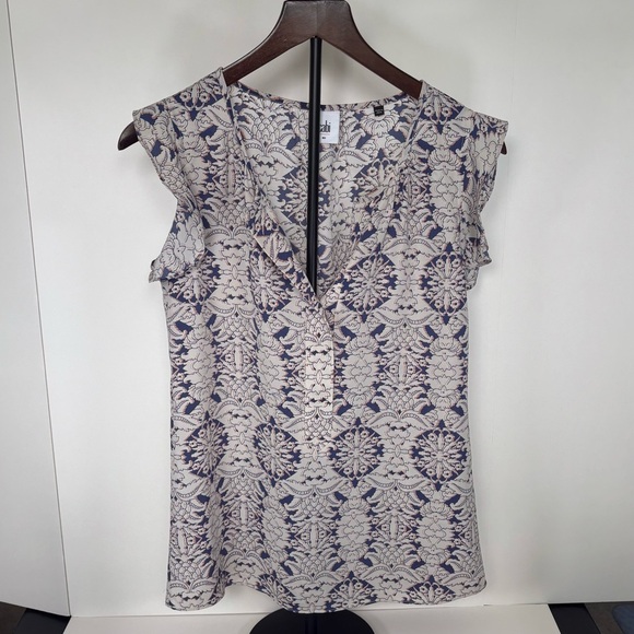 CAbi Blue and White Ruffled Cap Sleeve Blouse Top Shirt Women’s XS NWOT - Picture 2 of 4